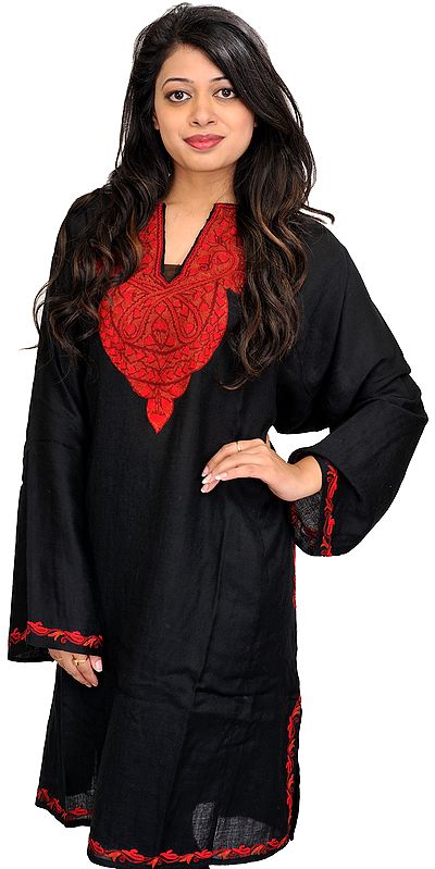 Jet-Black Phiran from Kashmir with Aari Hand-Embroidery on Neck