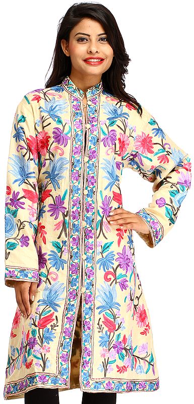Off-White Long Jacket with Aari Embroidered Flowers