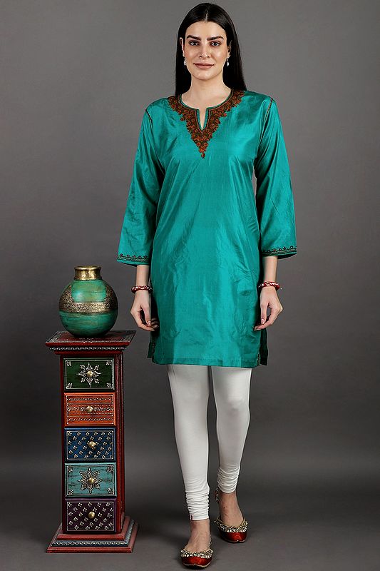 Plain Long Kurti from Kashmir with Aari Hand-Embroidery on Neck