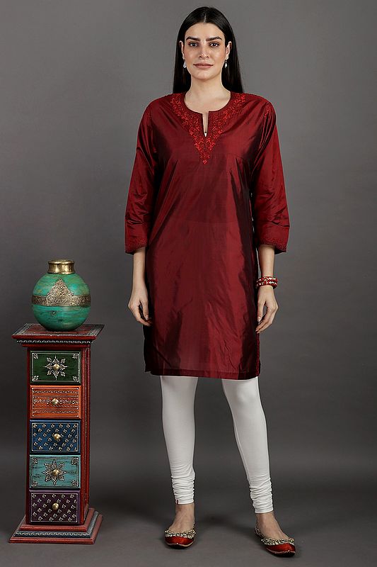 Plain Long Kurti from Kashmir with Aari Hand-Embroidery on Neck