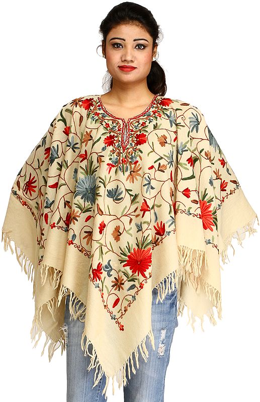 Oyster-White Poncho from Kashmir with Floral Aari-Embroidery by Hand