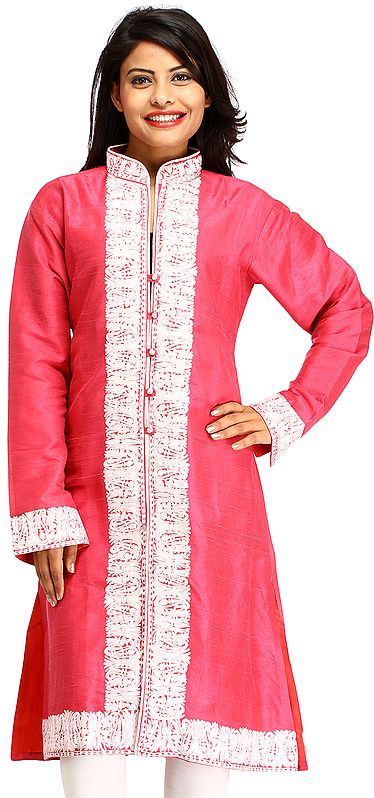 Honeysuckle-Pink Long Jacket from Kashmir with Aari Embroidered Paisleys on Border