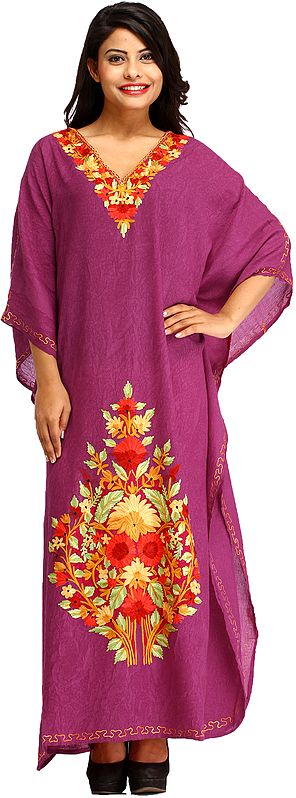 Purple-Wine Kaftan from Kashmir with Aari-Floral Embroidery