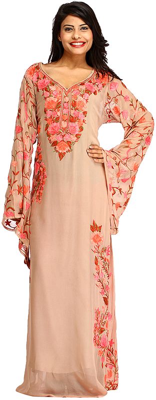 Light-Taupe Gown from Kashmir with Aari-Embroidered Flowers