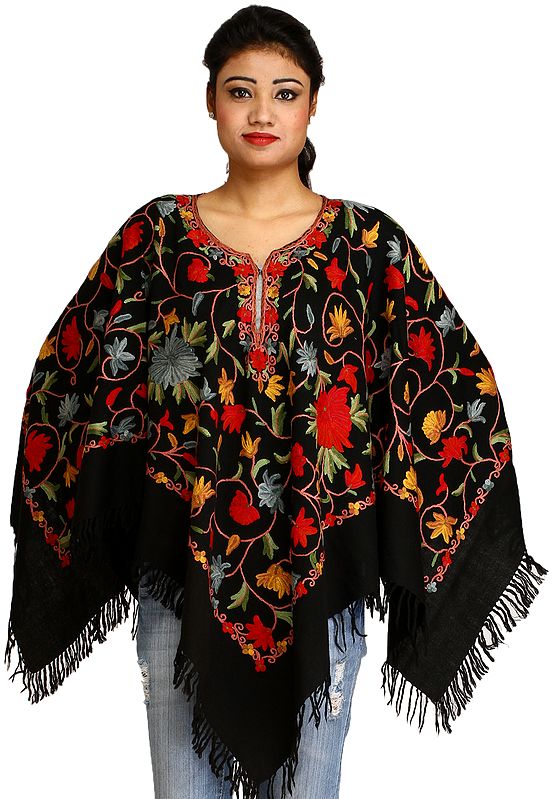 Jet-Black Poncho from Kashmir with Aari Hand-Embroidered Flowers