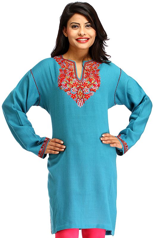 Aqua-Blue Kurti from Kashmir with Aari Hand-Embroidered Flowers on Neck