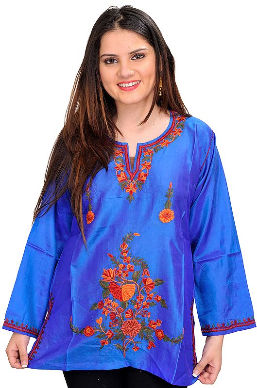 Princess-Blue Short Kurti from Kashmir with Aari Embroidery by Hand