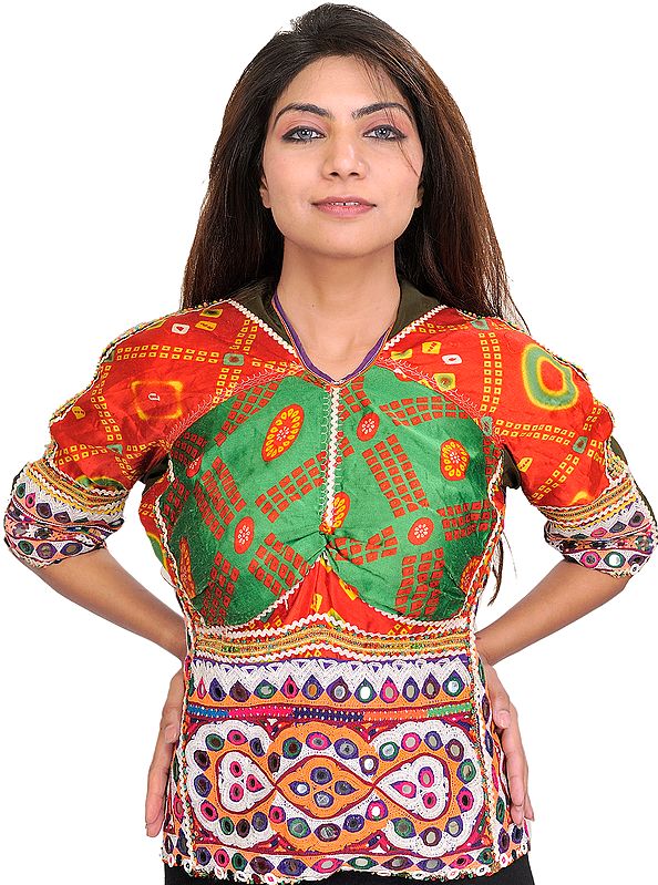 Red and Green Rabari-Embroidered Choli from Kutch with Bandhani Print and Mirrors