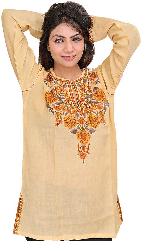 Cream Kurti from Kashmir with Aari Hand-Embroidered Flowers on Neck