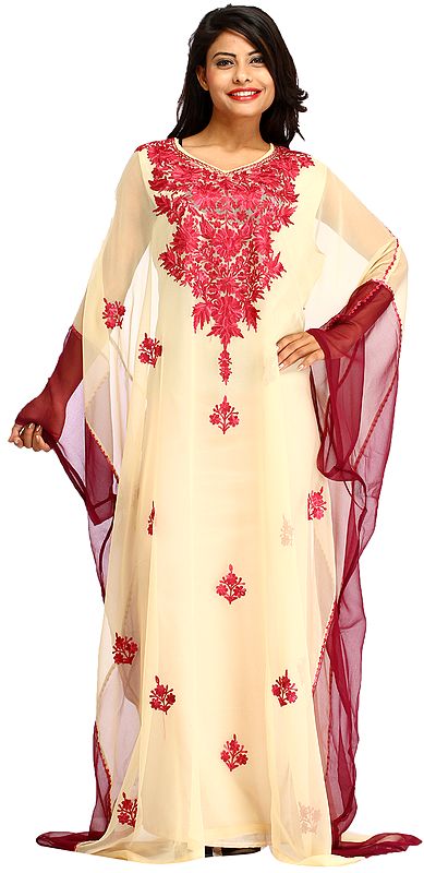 Cream and Amaranth Two-Piece Aari Embroidered Kaftan from Kashmir
