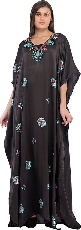 Caviar-Black Kaftan from Kashmir with Embroidered Beads and Sequins