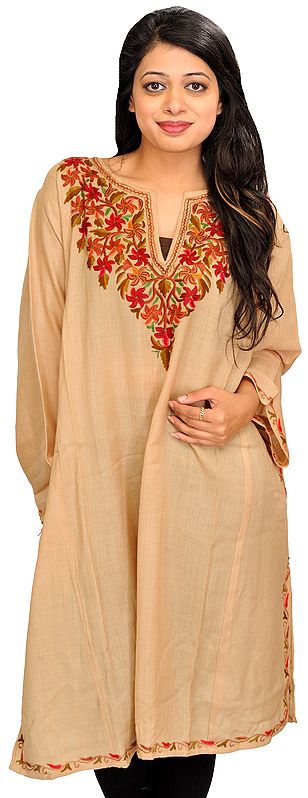 Beige Phiran from Kashmir with Hand-Embroidered Flowers on Neck