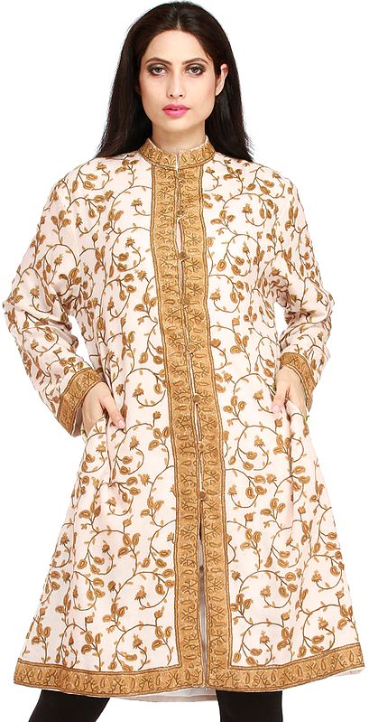 Ivory and Brown Long Kashmiri Jacket with Aari Hand-Embroidered Paisleys All-Over