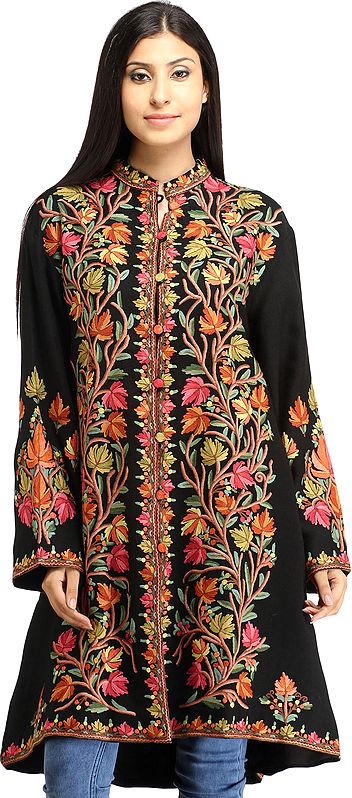 Phantom-Black Long Jacket from Kashmir with Aari Hand-Embroidered Maple Leaves