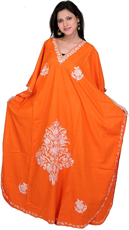Sun-Orange Kaftan from Kashmir with Crewel Embroidered Flowers