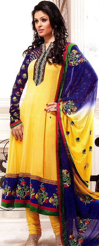 Sunset-Gold Choodidar Suit with Crewel Embroidered Flowers and Patch Border
