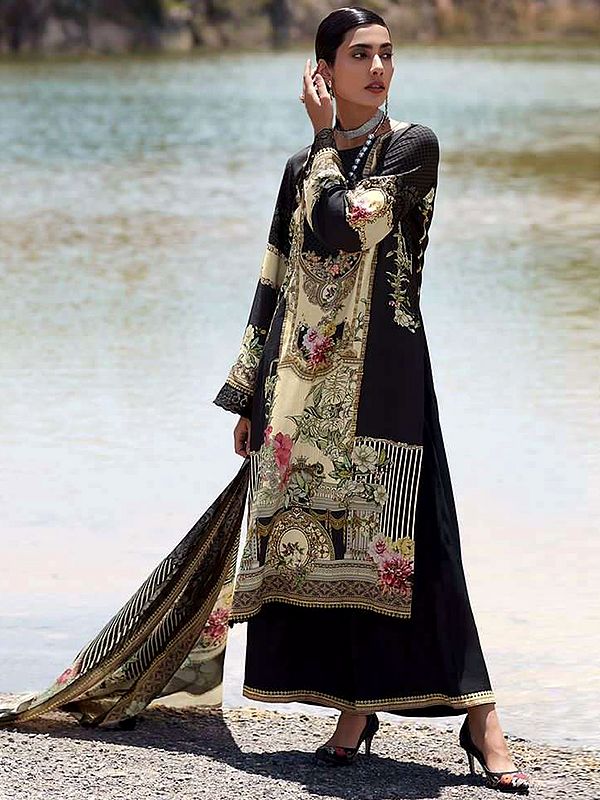 Black-Gray Digital Floral Print Palazzo Salwar Kameez With Floral Butta Embroidery on Neck With Designer Printed Dupatta