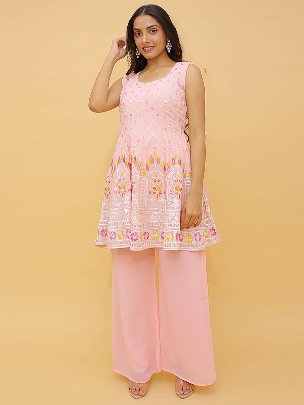 Baby Pink Salwar Set with Palazzo Pants and Matching Dupatta with Silver  Embroidery