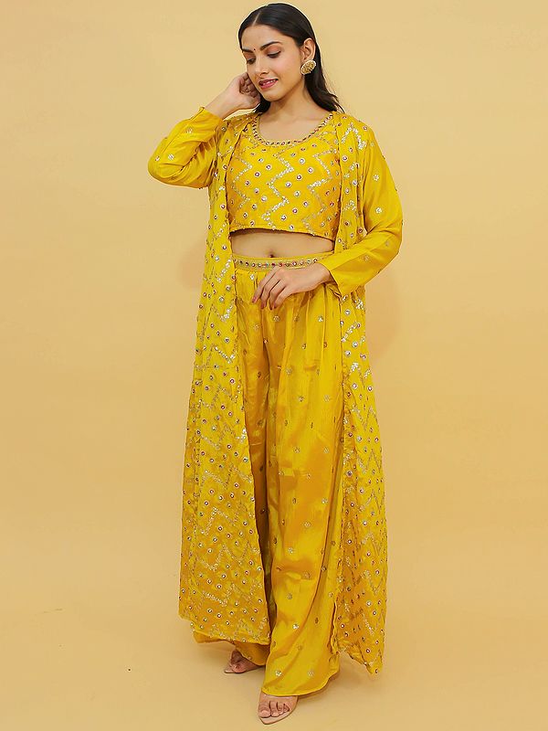 Lemon-Yellow Chinon Sharara Set With Floral Resham-Zari-Mirror-Sequin All-Over Work On Jacket And Blouse