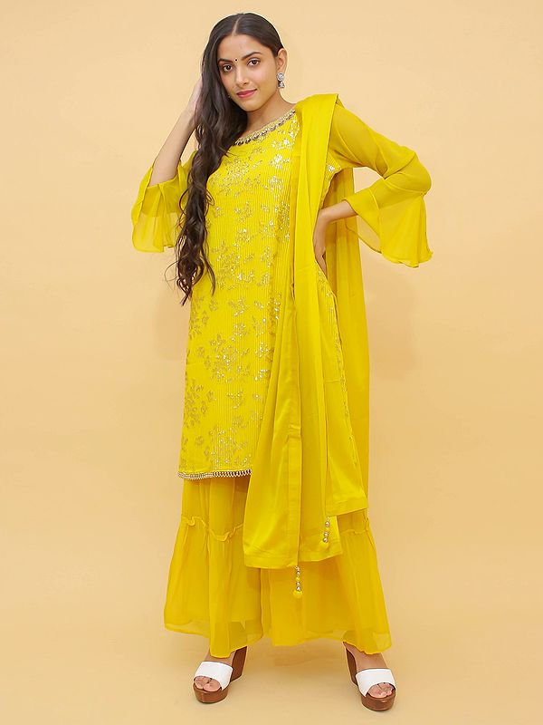 Sun-Yellow Chinon Sharara Set With All Over Golden Thread Embroidery And Bell Sleves Kameez