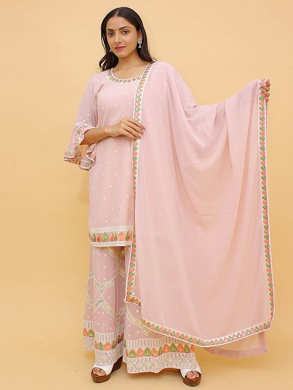 Baby-Pink Georgette Palazzo Pant Salwar Kameez Suit with Heavy Embroidery on Palazzo and Bell Sleeves Kameez