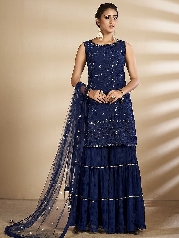Patriot-Blue Georgette Designer Palazzo Pant Salwar Kameez Suit With Embellished Sequins Work And Designer Dupatta