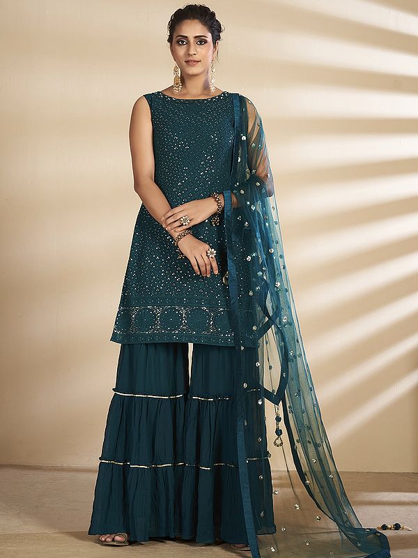 Turquoise-Green Georgette Palazzo Pant Salwar Kameez Suit with Sequins Embroidery and Designer Dupatta