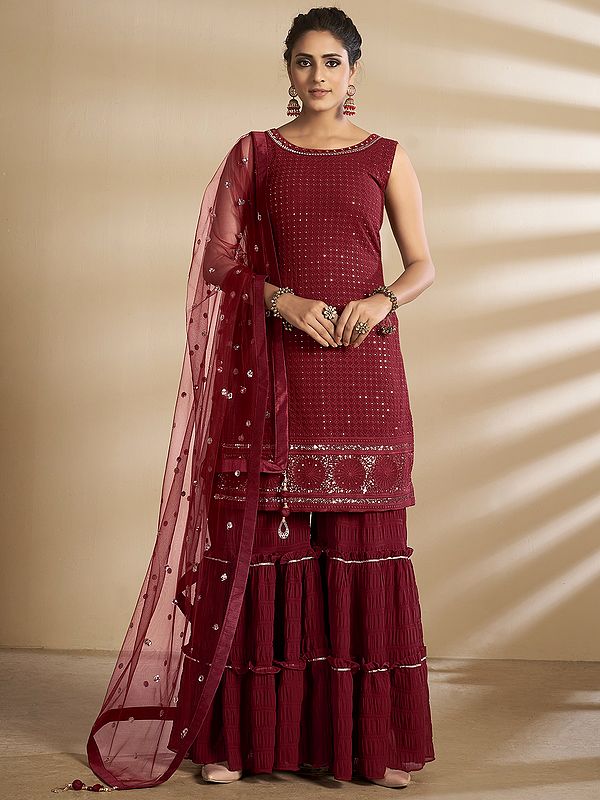 Rose-Red Georgette Palazzo Pant Salwar Kameez Suit With Embellished Sequins Work And  Designer Dupatta