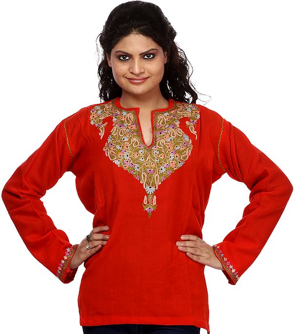 Tamato-Red Kashmiri kurti with Hand Embroidered Flowers on Neck