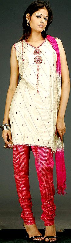 Tan and Magenta Choodidaar Suit with Patchwork and Embroidery