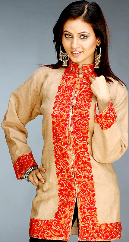 Tan Jacket from Kashmir with Aari Embroidery on Borders
