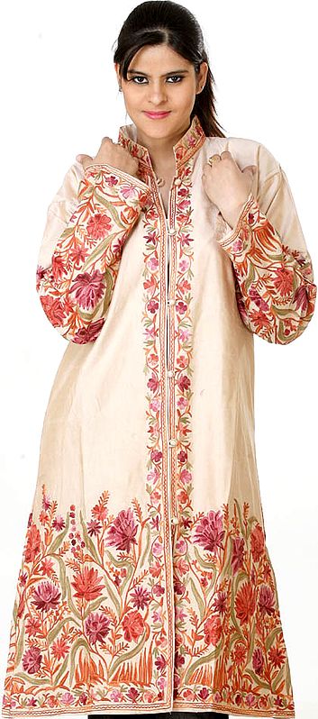 Tan Long Silk Jacket with Aari-Embroidered Flowers