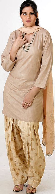 Tan Salwar Kameez with All-Over Bootis Embroidered with Beadwork