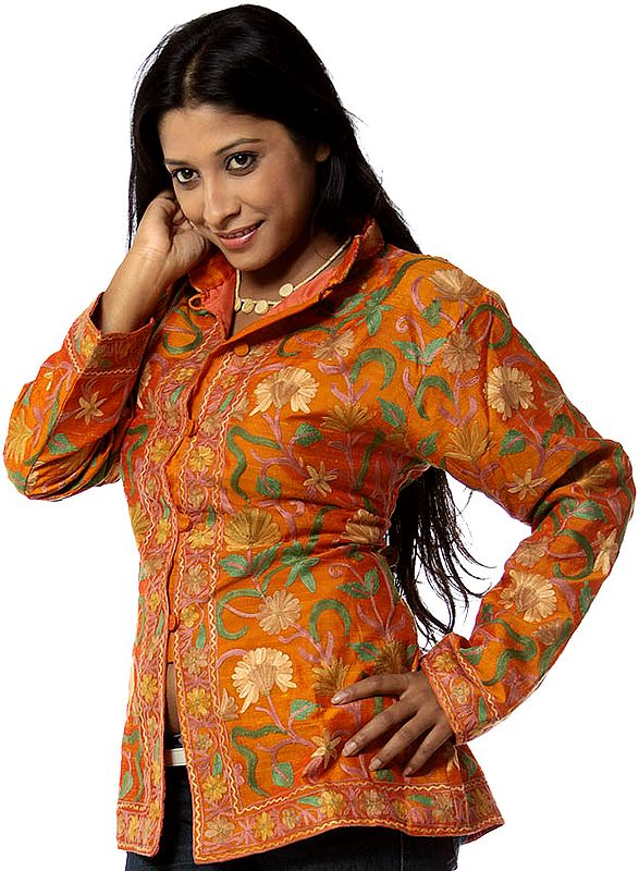 Tangerine High-Neck Jacket with Tri-Color Floral Embroidery