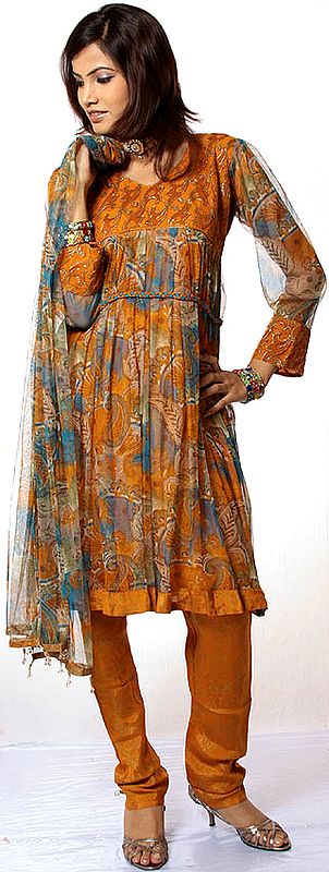 Tangerine Printed Designer Anarkali Suit with All-Over Threadwork