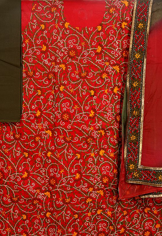 Tango-Red and Olive Phulkari Salwar Kameez Fabric with Aari Embroidered Flowers