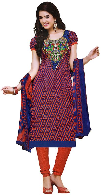 Tango-Red Floral Kameez and Choodidaar Suit with Patch on Neck and Printed Dupatta