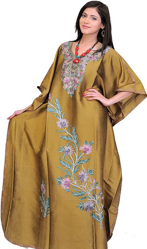 Tapenade-Green Kashmiri Kaftan with Aari Embroidery