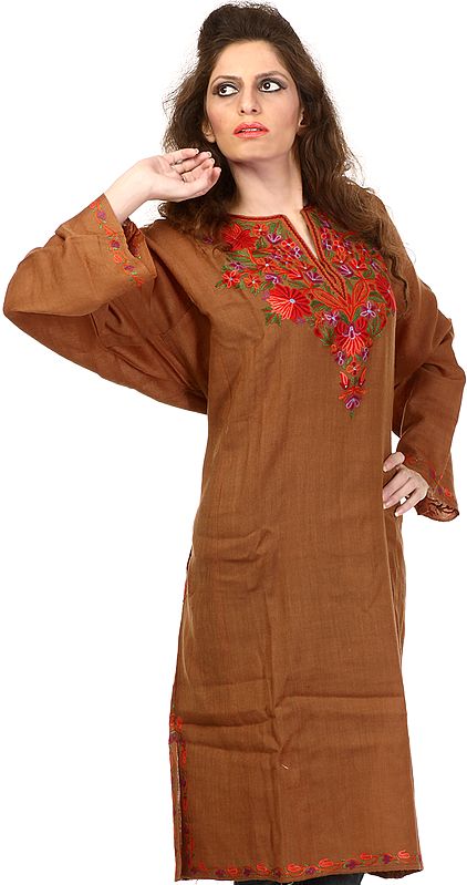Taupe Kashmiri Phiran with Aari Embroidered Flowers by Hand
