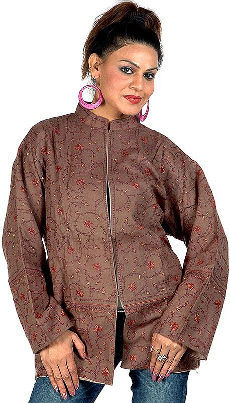 Taupe Tusha Jacket with Al-Over Hand Needle Embroidery