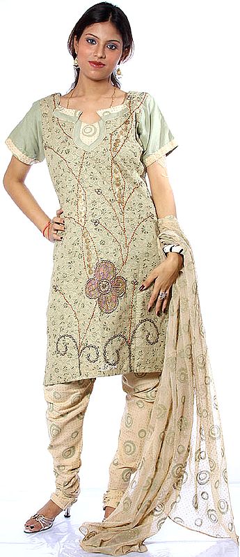 Tea Green Designer Salwar Kameez Fabric with Beadwork and All-Over Embroidery