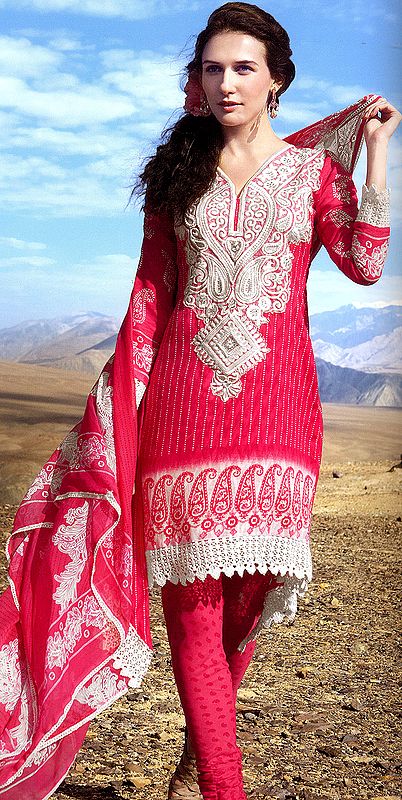 Teaberry-Pink Printed Choodidaar Kameez Suit with Crewel Embroidery on Neck and Crochet Border