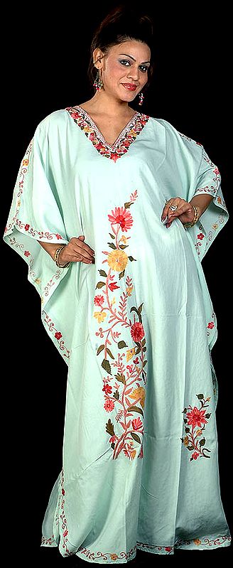 Tea-Green Floral Kaftan with Multi-Colored Aari-Embroidery