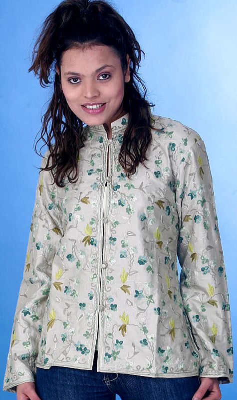 Tea-Green Jacket with Embroidered Flowers and Leaves