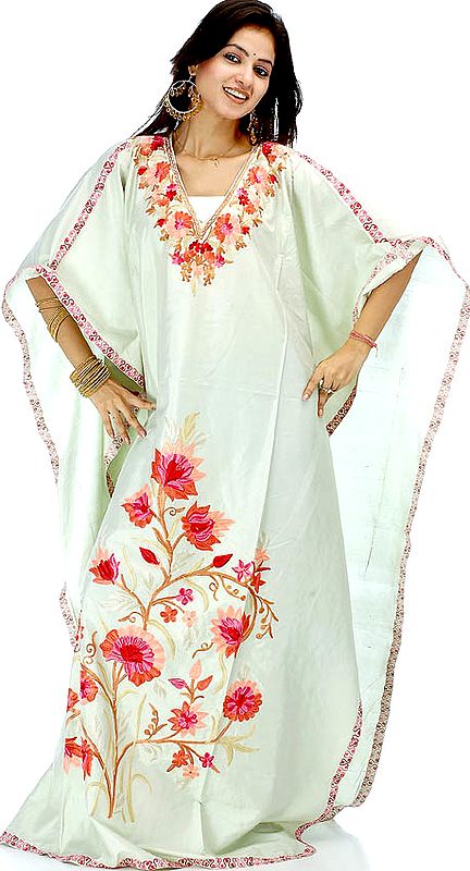 Tea-Green Kaftan with Floral Aari Embroidery on Borders and Front