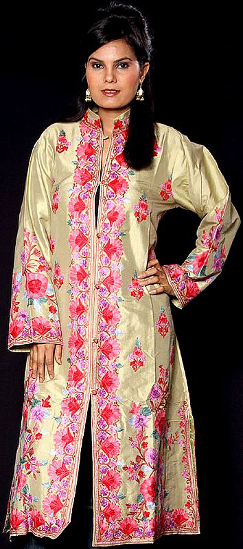 Tea-Green Long Silk Jacket with Embroidered Flowers