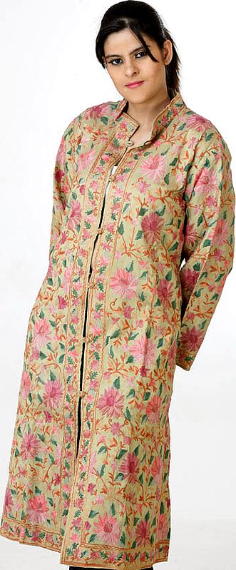Tea-Green Long Silk Jacket with Large Flowers