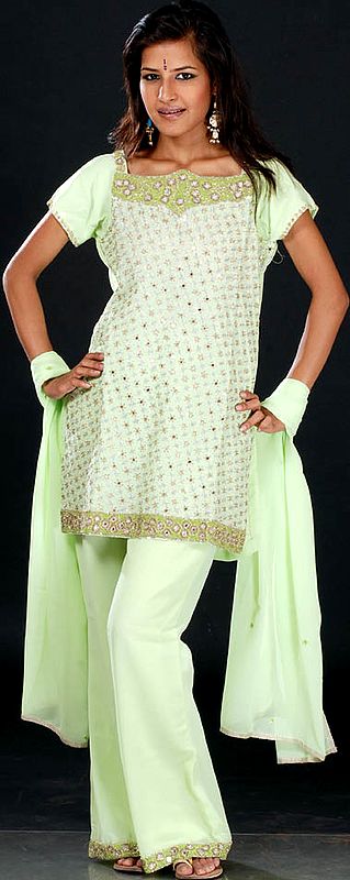 Tea-Green Parallel Salwar Suit with All-Over Mirrors and Thread Work