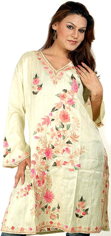Tea-Green Silk Kurti Top from Kashmir with All-Over Floral Embroidery