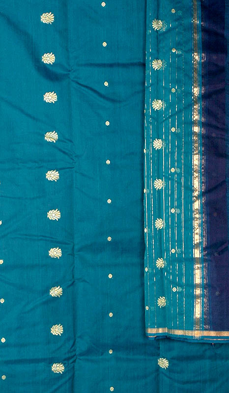 Teal Chanderi Suit with Large Golden Bootis